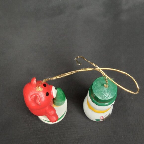 Vintage Christmas Ornament Set Of 2 Wood Snowman & Bear Handpainted 1980s - Picture 6 of 7